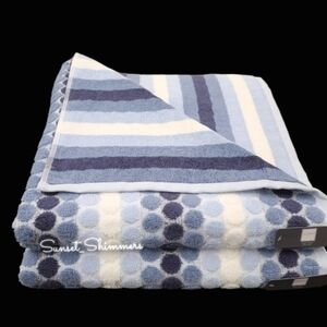2pc Soho Living Bath Towel Set Striped Dot Blue Ombre 100% Cotton NEW